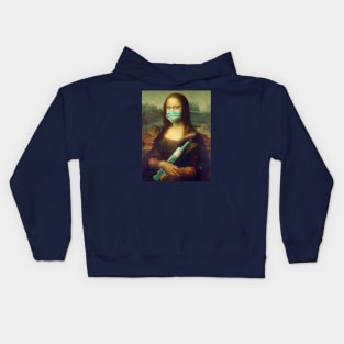 Mona Lisa with a mask and a vaccine syringe Kids Hoodie